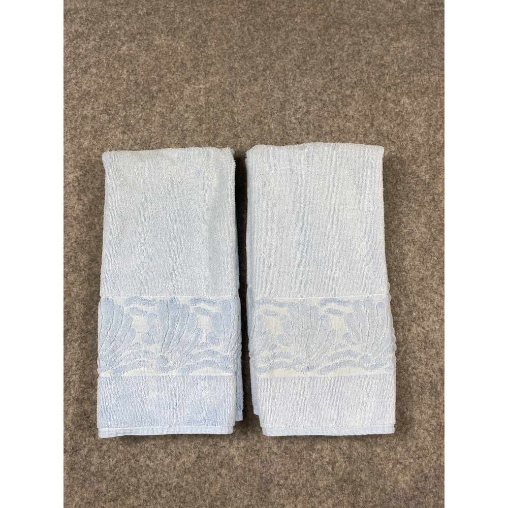 Vintage Light Blue Hand Towels Set of 2 Cotton Shell Border USA Made 27"x16"